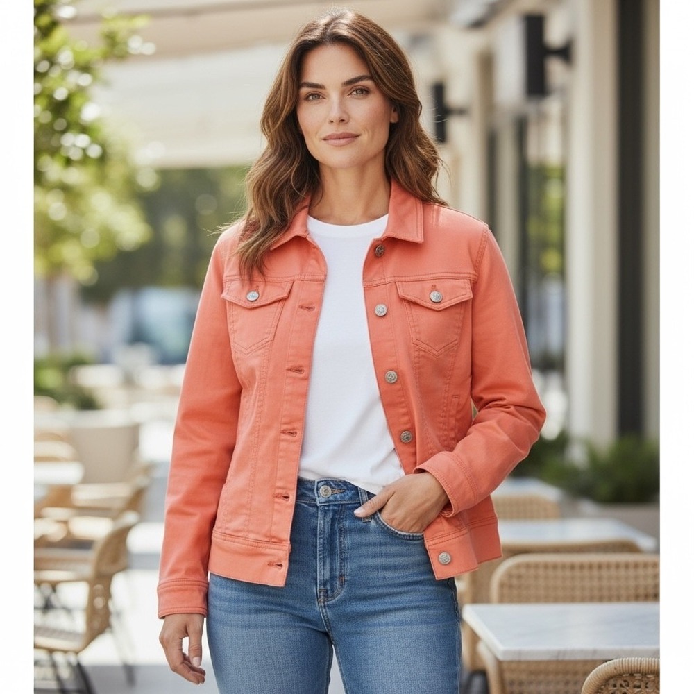Coral Orange Denim Jacket‎ Button Front Cotton Bright Lightweight Girly Size L